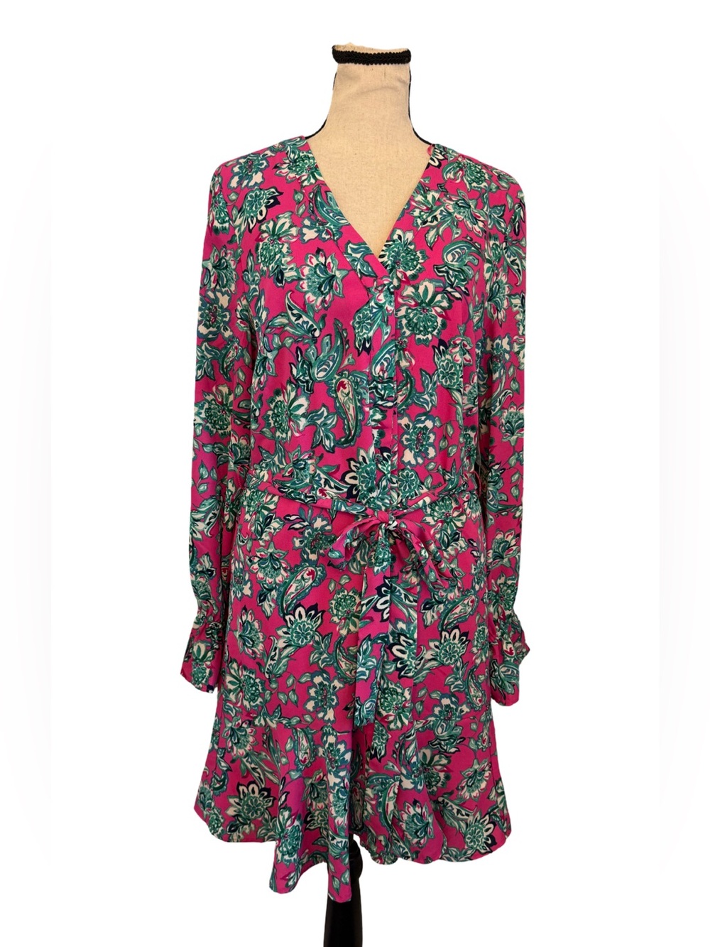 CeCe Floral Long Sleeve Shirtdress M Legacy Pink Tie Waist Ruffle Hem NWT